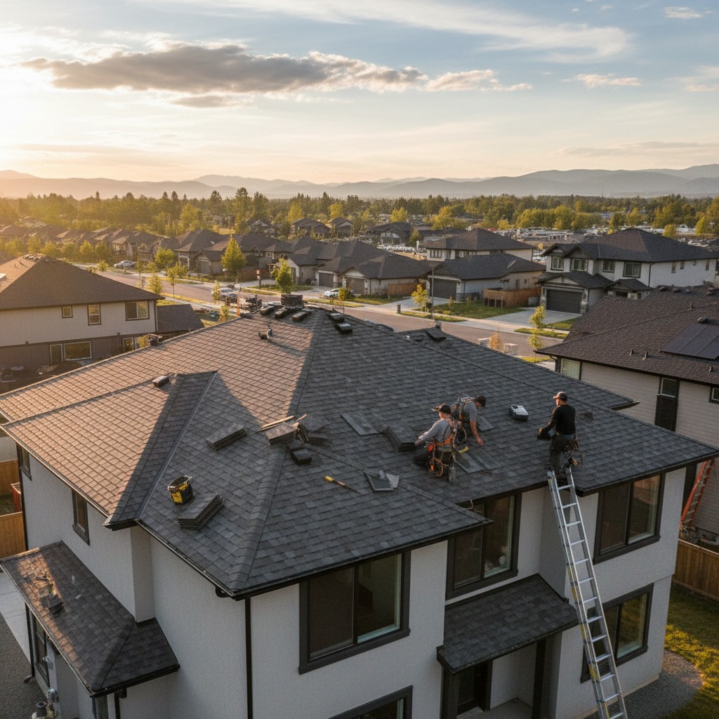 Three roofers work on the shingled roof of a suburban house during sunset.